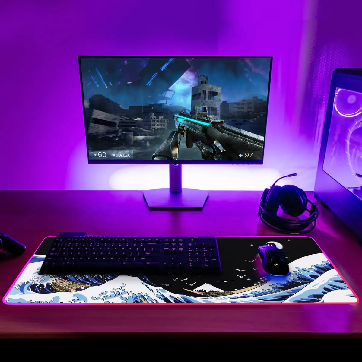 MEWOOCUE RGB LED Gaming Mouse Pad Large Sea Wave XL XXL 80cm x 30cm (31.5" x 11.9") | Smooth Control Surface - view 7