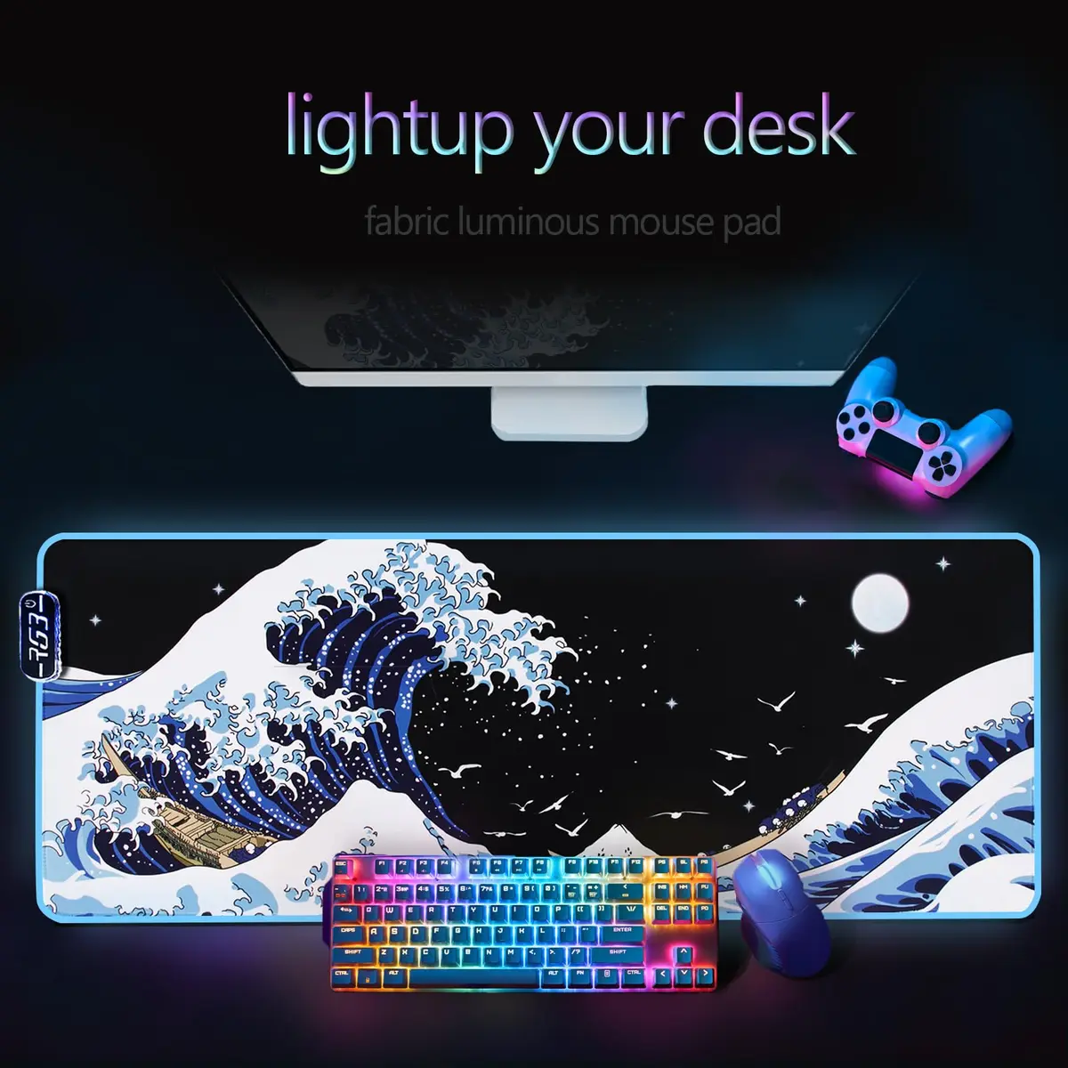 MEWOOCUE RGB LED Gaming Mouse Pad Large Sea Wave XL XXL 80cm x 30cm (31.5" x 11.9") | Smooth Control Surface - view 3