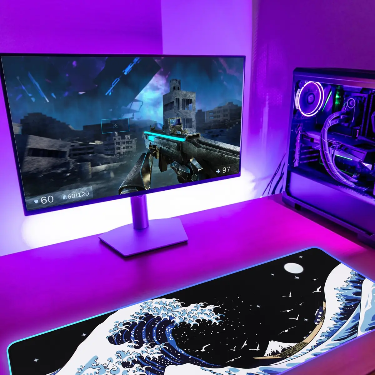 MEWOOCUE RGB LED Gaming Mouse Pad Large Sea Wave XL XXL 80cm x 30cm (31.5" x 11.9") | Smooth Control Surface - view 4