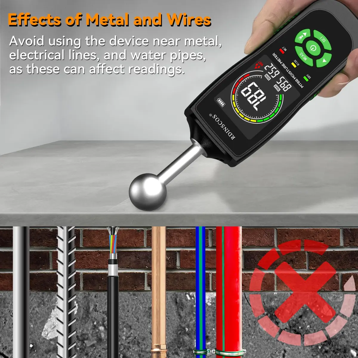 RDINSCOS Ball Probe Moisture Meter with LED Flashlight | Detects Hidden Moisture in Drywall, Wood, Concrete (18cm Length) - view 5