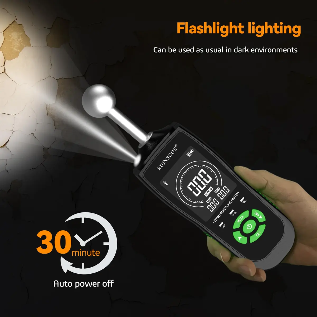 RDINSCOS Ball Probe Moisture Meter with LED Flashlight | Detects Hidden Moisture in Drywall, Wood, Concrete (18cm Length) - view 6