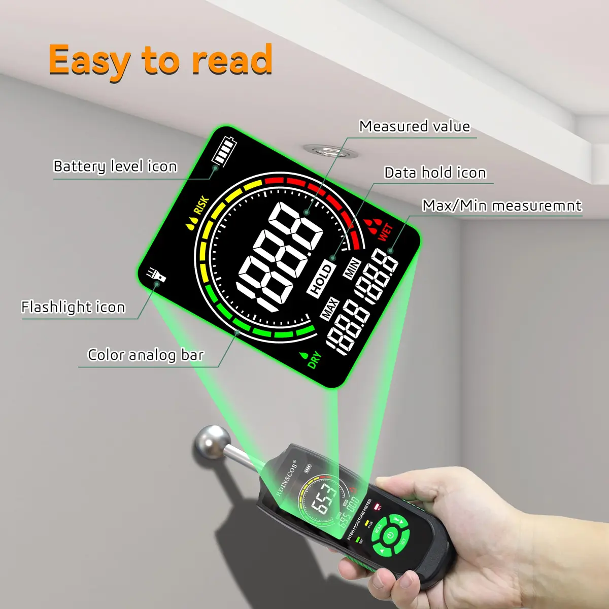 RDINSCOS Ball Probe Moisture Meter with LED Flashlight | Detects Hidden Moisture in Drywall, Wood, Concrete (18cm Length) - view 8