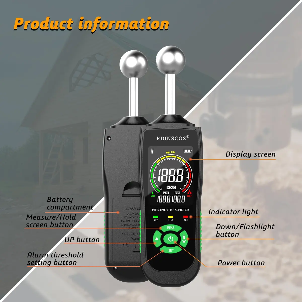 RDINSCOS Ball Probe Moisture Meter with LED Flashlight | Detects Hidden Moisture in Drywall, Wood, Concrete (18cm Length) - view 9