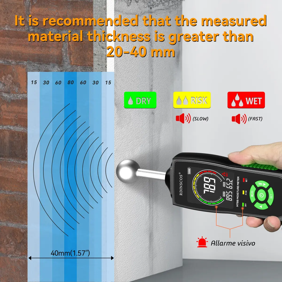 RDINSCOS Ball Probe Moisture Meter with LED Flashlight | Detects Hidden Moisture in Drywall, Wood, Concrete (18cm Length) - view 3