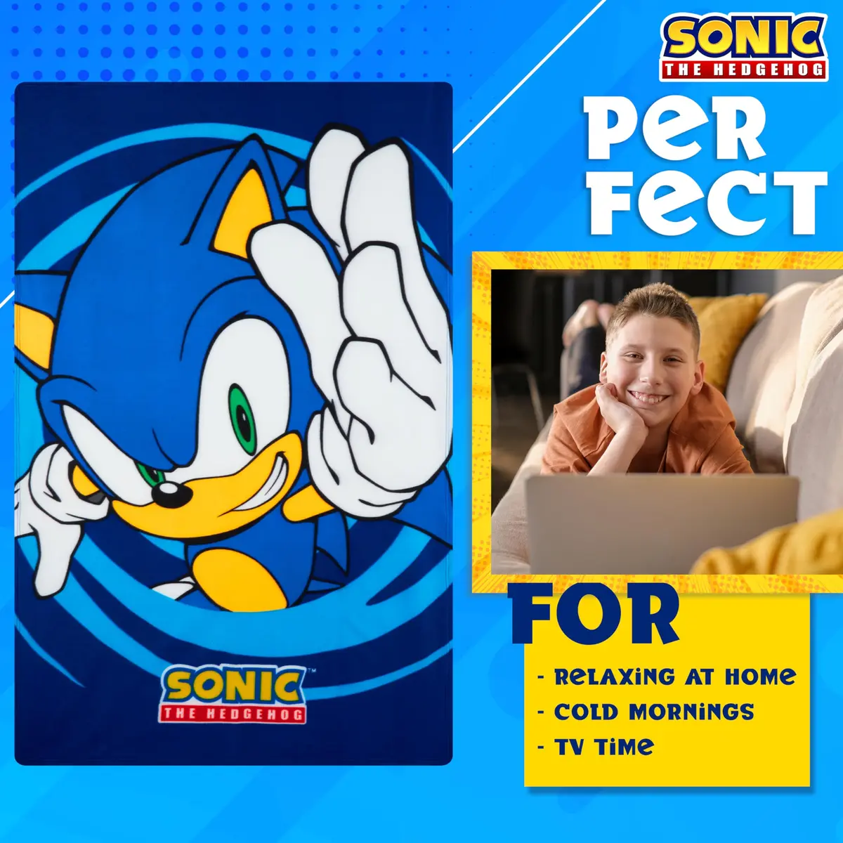 Get Trend Sonic The Hedgehog Throw Blanket for Kids, 100x150 cm (39x59 in) | Soft Warm Vibrant Fleece for Couch, Bed, Travel - view 3