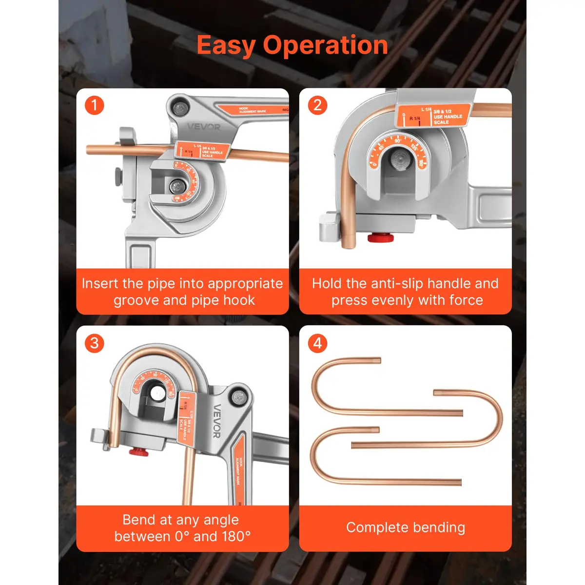VEVOR 3-in-1 Pipe Tube Bender 1/4" 3/8" 1/2" OD | Bends 0-180° for Copper Aluminum Pipes - view 6