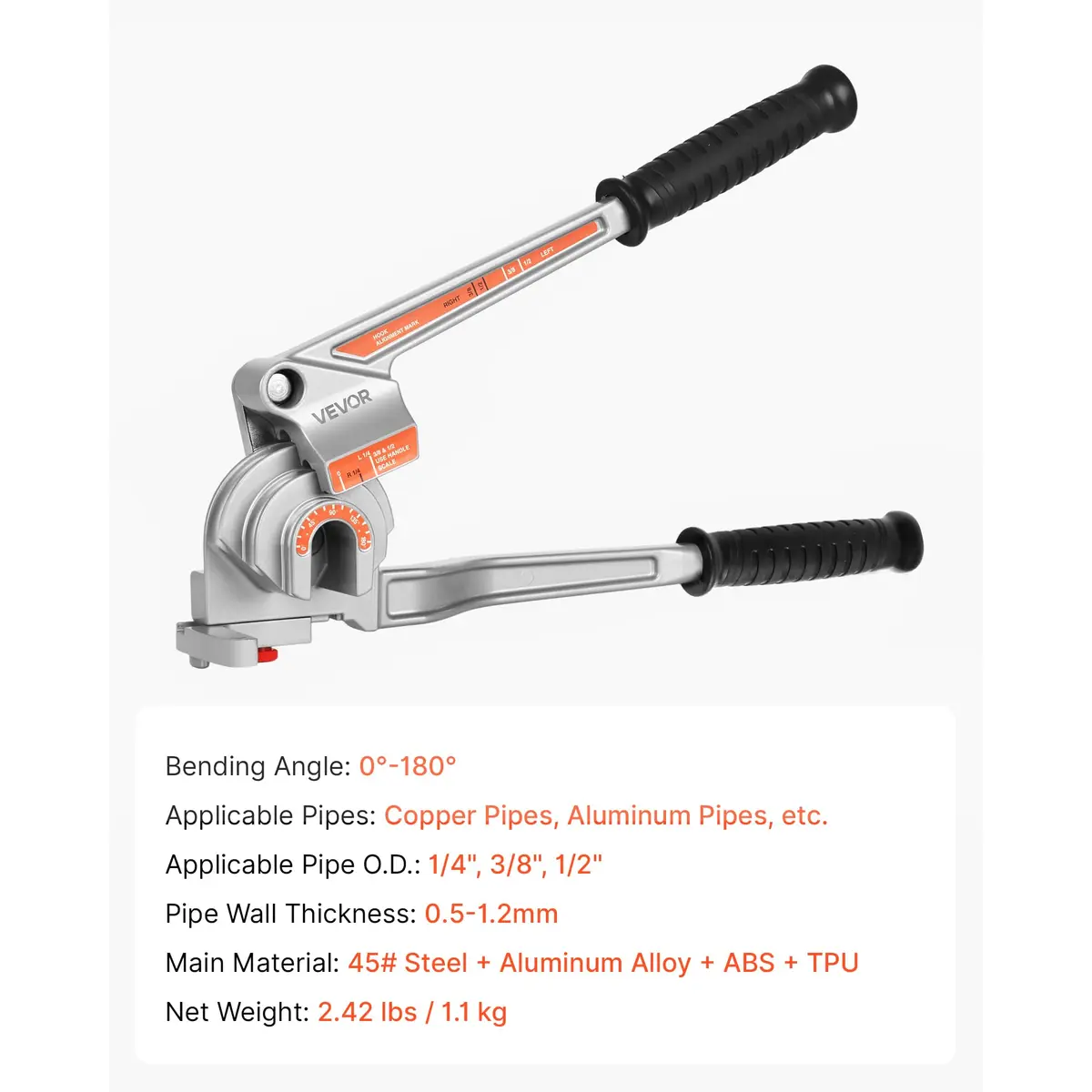 VEVOR 3-in-1 Pipe Tube Bender 1/4" 3/8" 1/2" OD | Bends 0-180° for Copper Aluminum Pipes - view 7