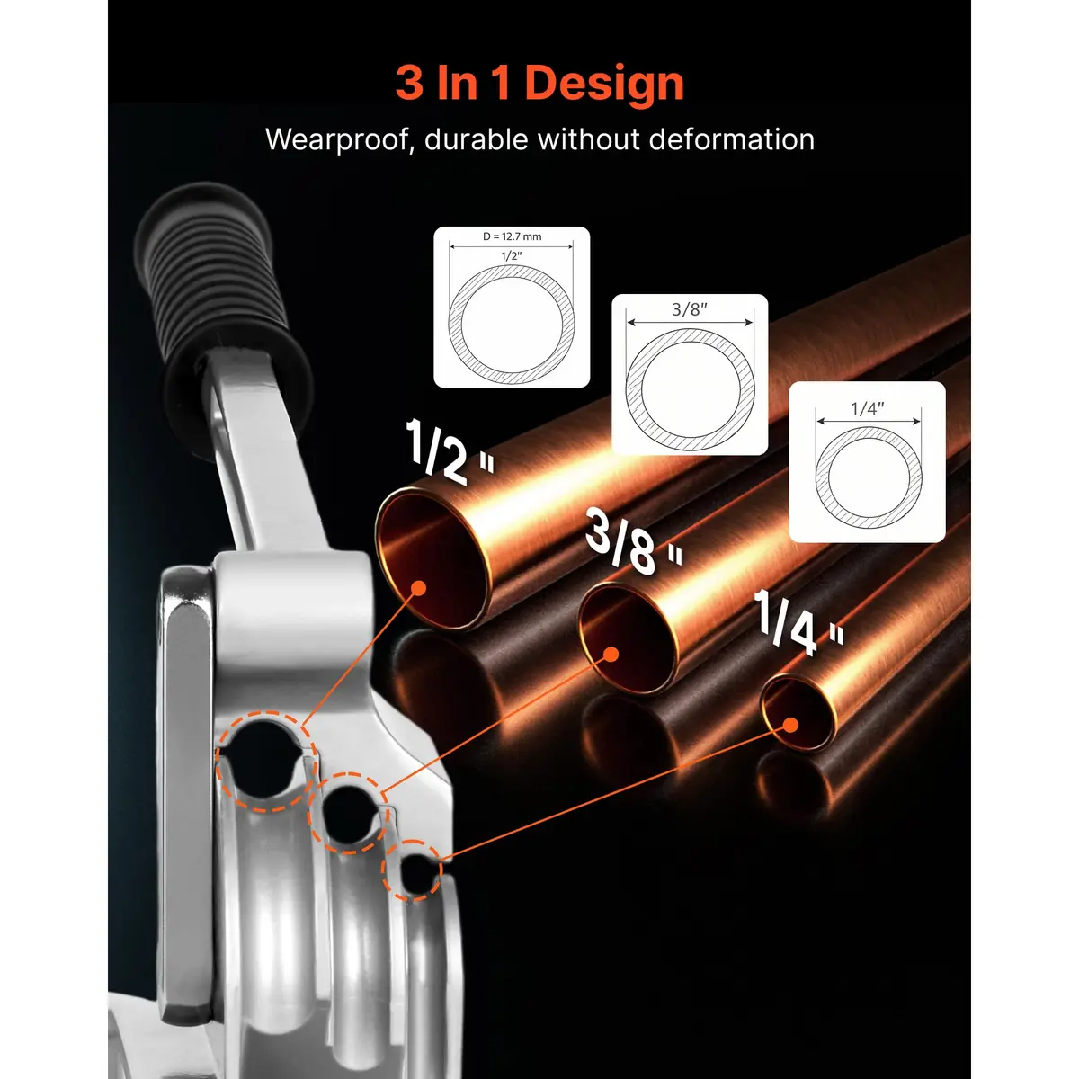 VEVOR 3-in-1 Pipe Tube Bender 1/4" 3/8" 1/2" OD | Bends 0-180° for Copper Aluminum Pipes - view 3