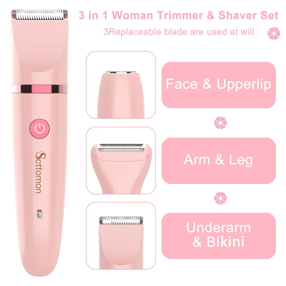 Scttomon Electric Lady Shaver for Women - Painless Razor, Bikini Trimmer, Facial Hair Removal, Body Trimmer for Face, Legs, Underarm, Pubic - Wet and Dry 3 in 1 - view 3
