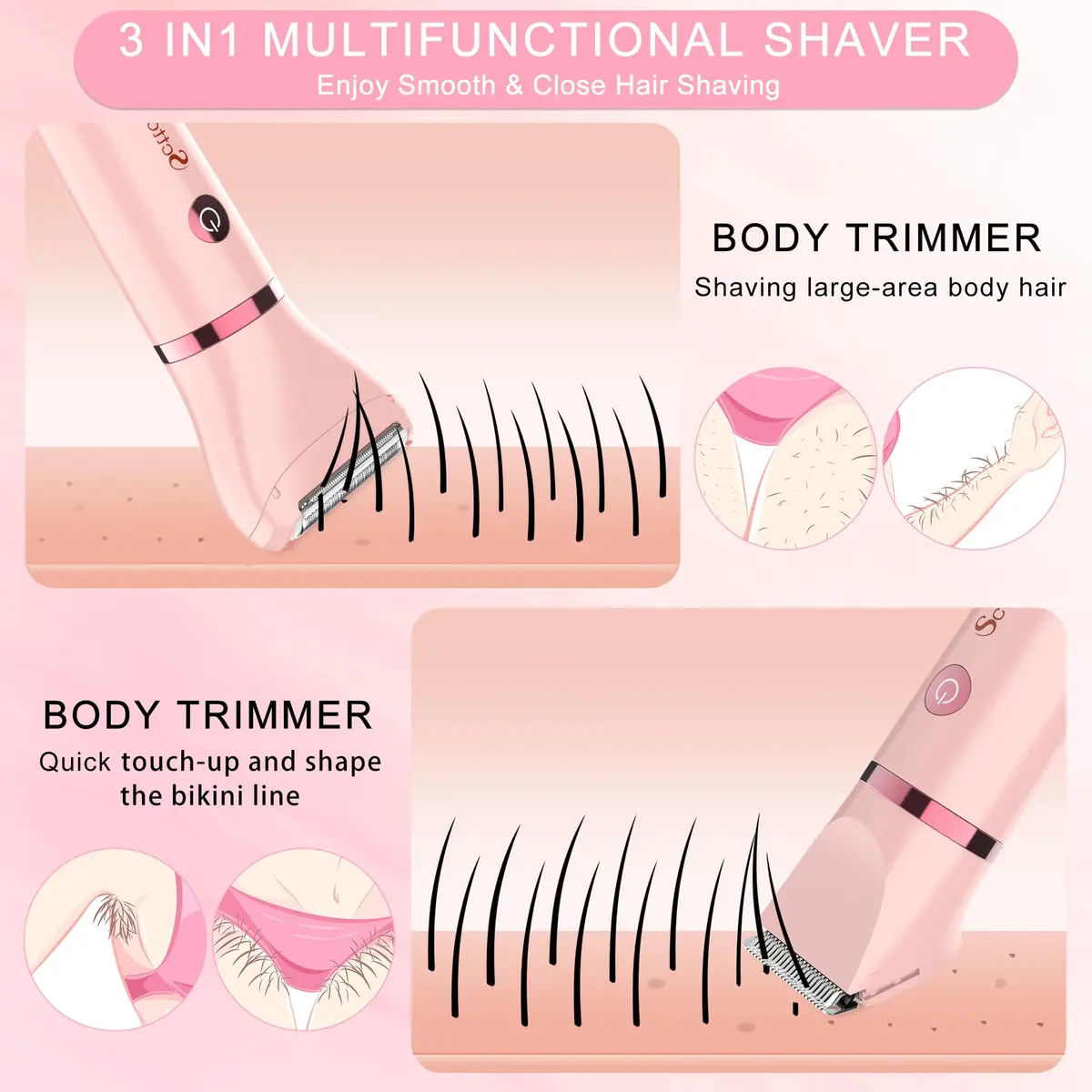Scttomon Electric Lady Shaver for Women - Painless Razor, Bikini Trimmer, Facial Hair Removal, Body Trimmer for Face, Legs, Underarm, Pubic - Wet and Dry 3 in 1 - view 4