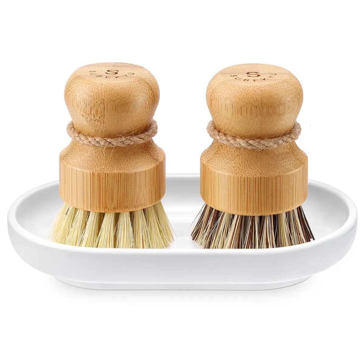 SUBEKYU Bamboo Dish Scrub Brushes Set with Tray, Natural Sisal + Coconut Palm Bristles, Set of 2 | Compostable Cleaning Brushes for Kitchen - main product image