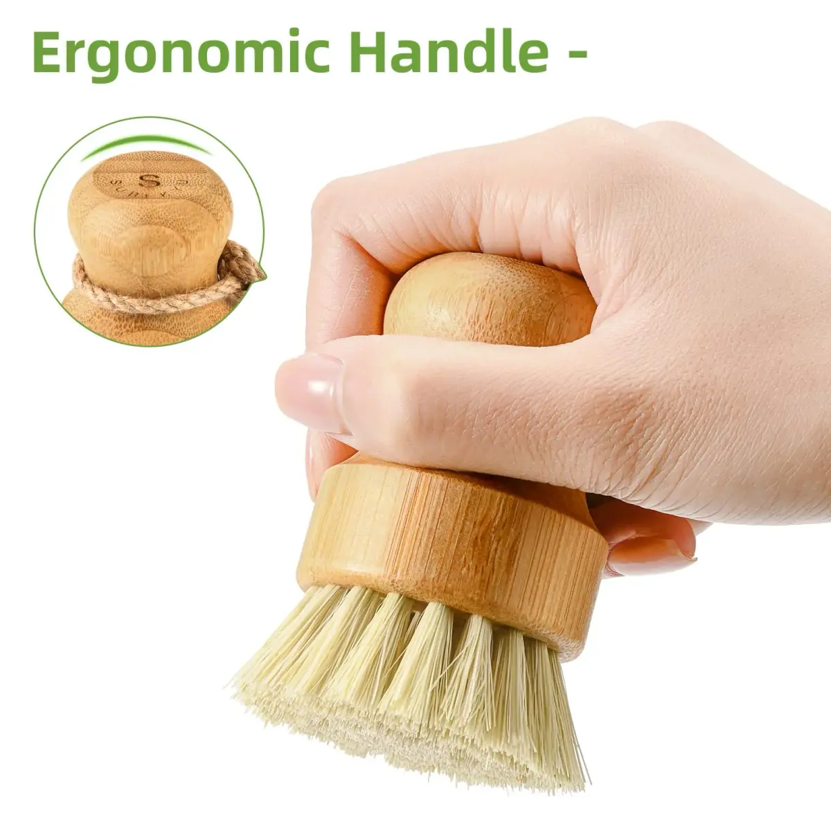 SUBEKYU Bamboo Dish Scrub Brushes Set with Tray, Natural Sisal + Coconut Palm Bristles, Set of 2 | Compostable Cleaning Brushes for Kitchen - view 5