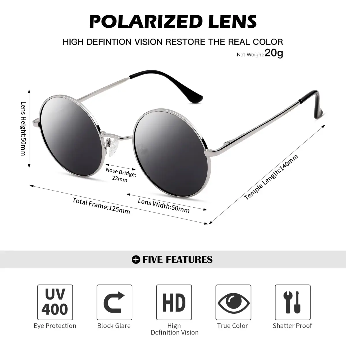 Pro Acme Small Round Polarized Sunglasses - Silver Frame, Black Lens, UV400 Protection - view 4