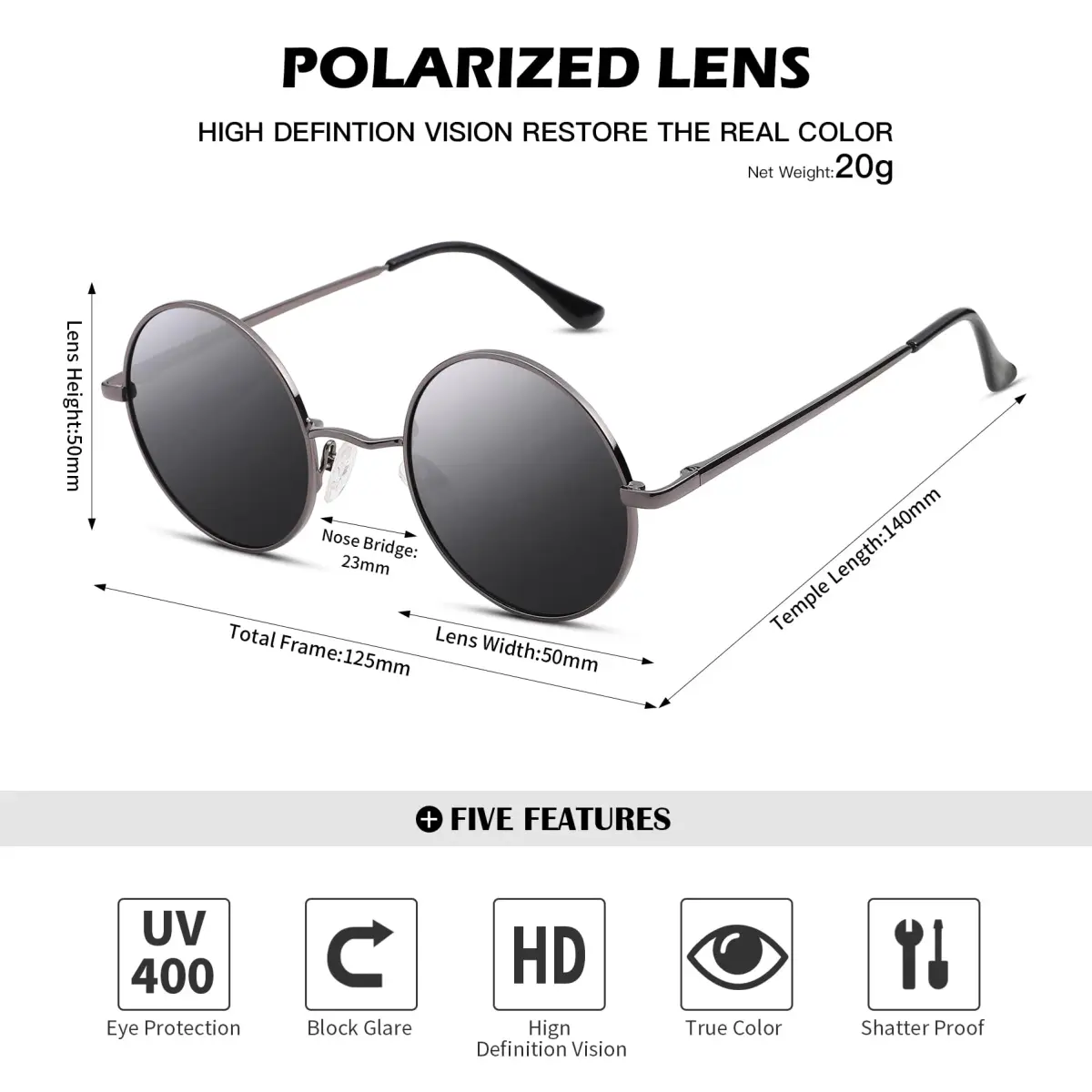 Pro Acme Small Round Polarized G2 Gunmetal Frame Black Lens Sunglasses UV400 - view 4