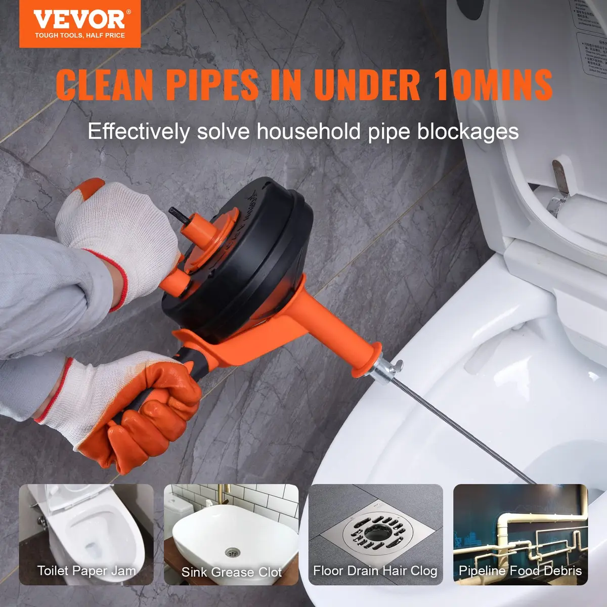 VEVOR Drain Auger 25Ft | Plumbing Snake with Drill Attachment for Clogs in Kitchen & Bathroom - view 2