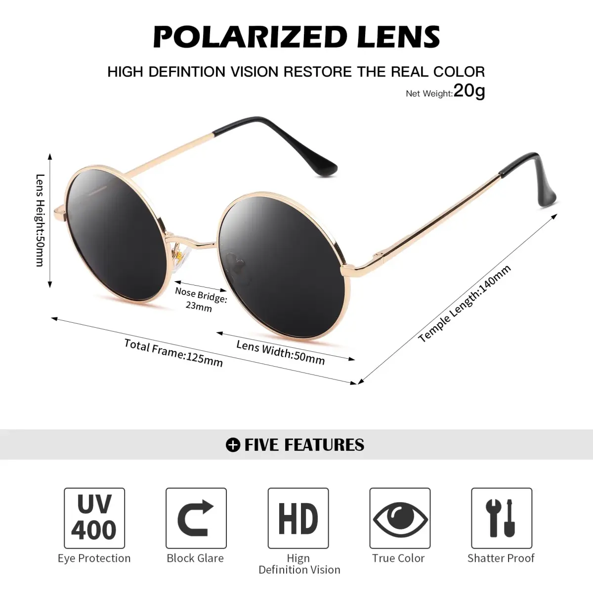 Pro Acme Small Round Polarized Sunglasses | Gold Frame, Black Lens | UV400 Protection - view 4