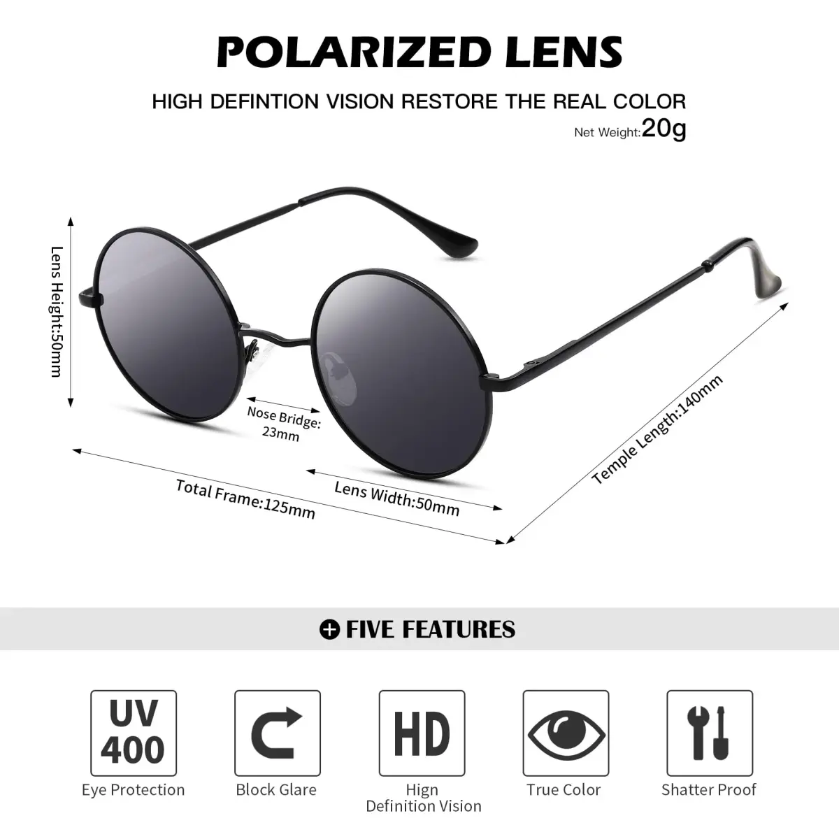 Pro Acme Small Round G6 Black Frame Black Lens Polarized Sunglasses UV400 - view 4