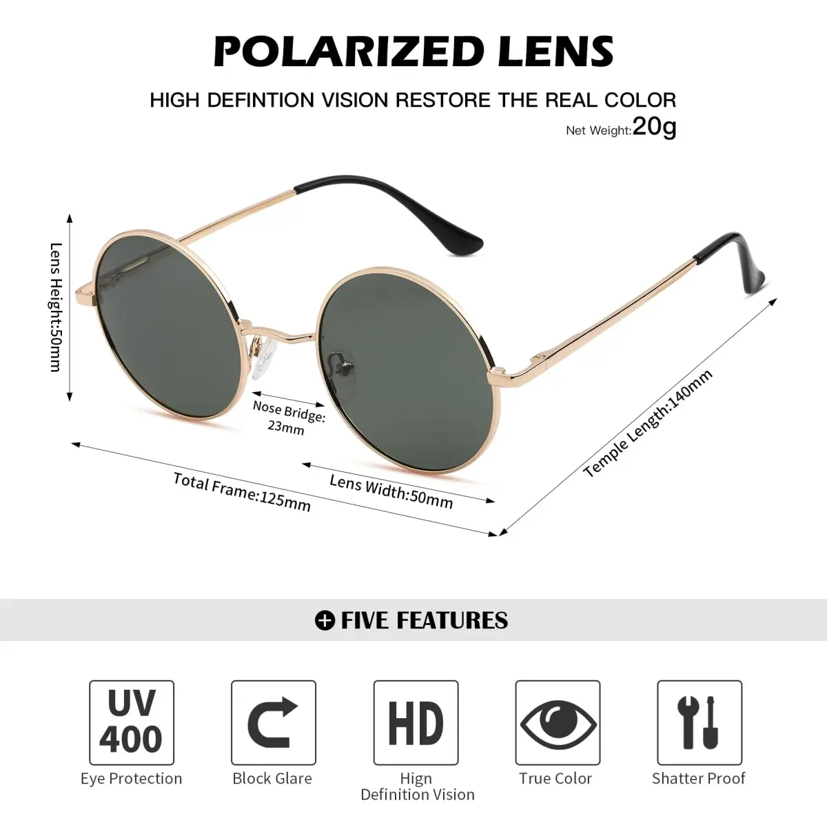 Pro Acme Small Round Polarized Sunglasses - Gold Frame, G15 Green Lens, UV400 Protection - view 4
