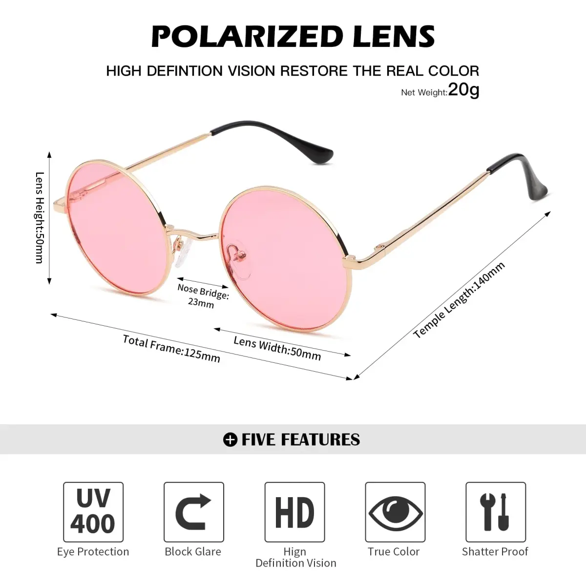 Pro Acme Small Round Sunglasses: Gold Frame with Transparent Pink Lens, Polarized UV400 - view 4