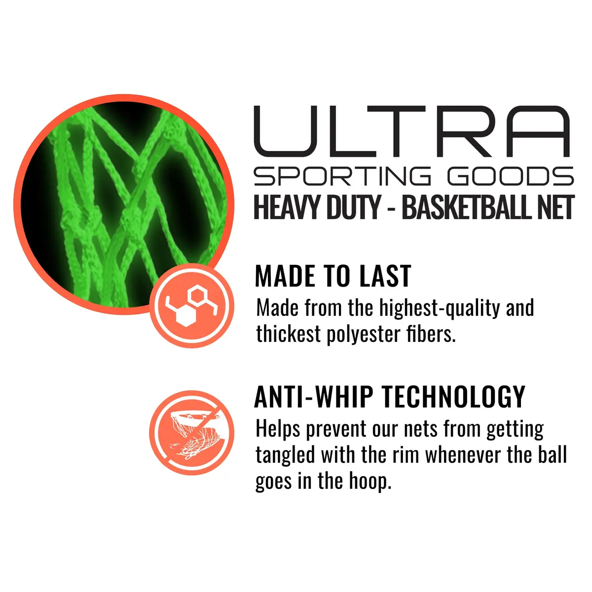 Ultra Sporting Goods Heavy Duty Basketball Net Replacement | All Weather Anti Whip, Fits Standard Rims (21"/12 Loops) - view 6