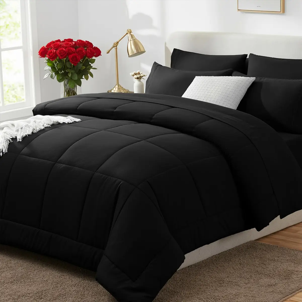 CozyLux Queen Comforter Set Black | All-Season Microfiber Bedding in a Bag - main product image