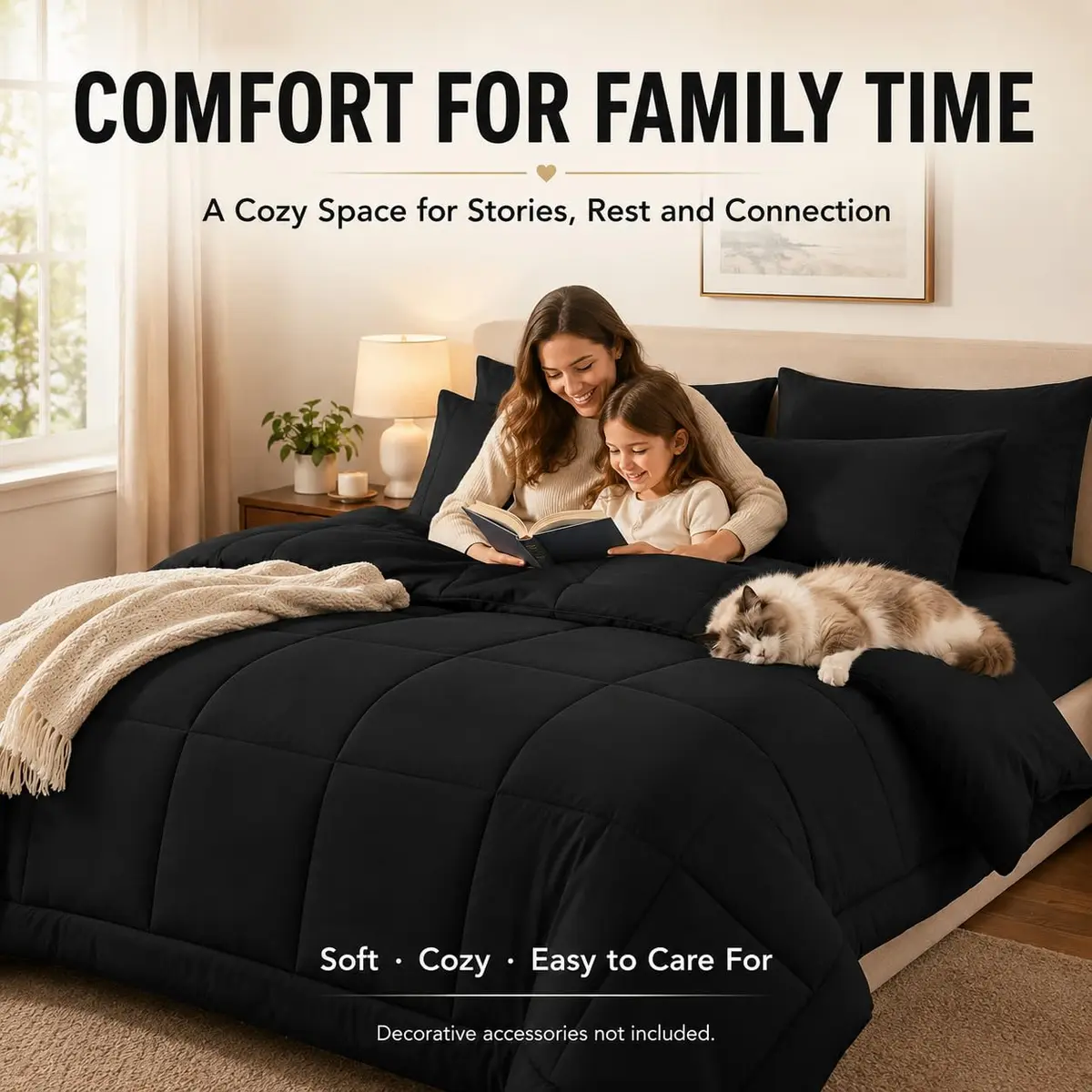 CozyLux Queen Comforter Set Black | All-Season Microfiber Bedding in a Bag - view 8