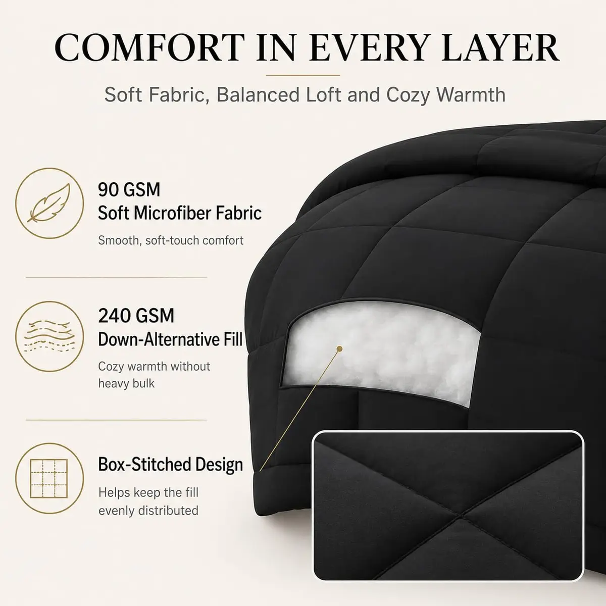 CozyLux Queen Comforter Set Black | All-Season Microfiber Bedding in a Bag - view 3
