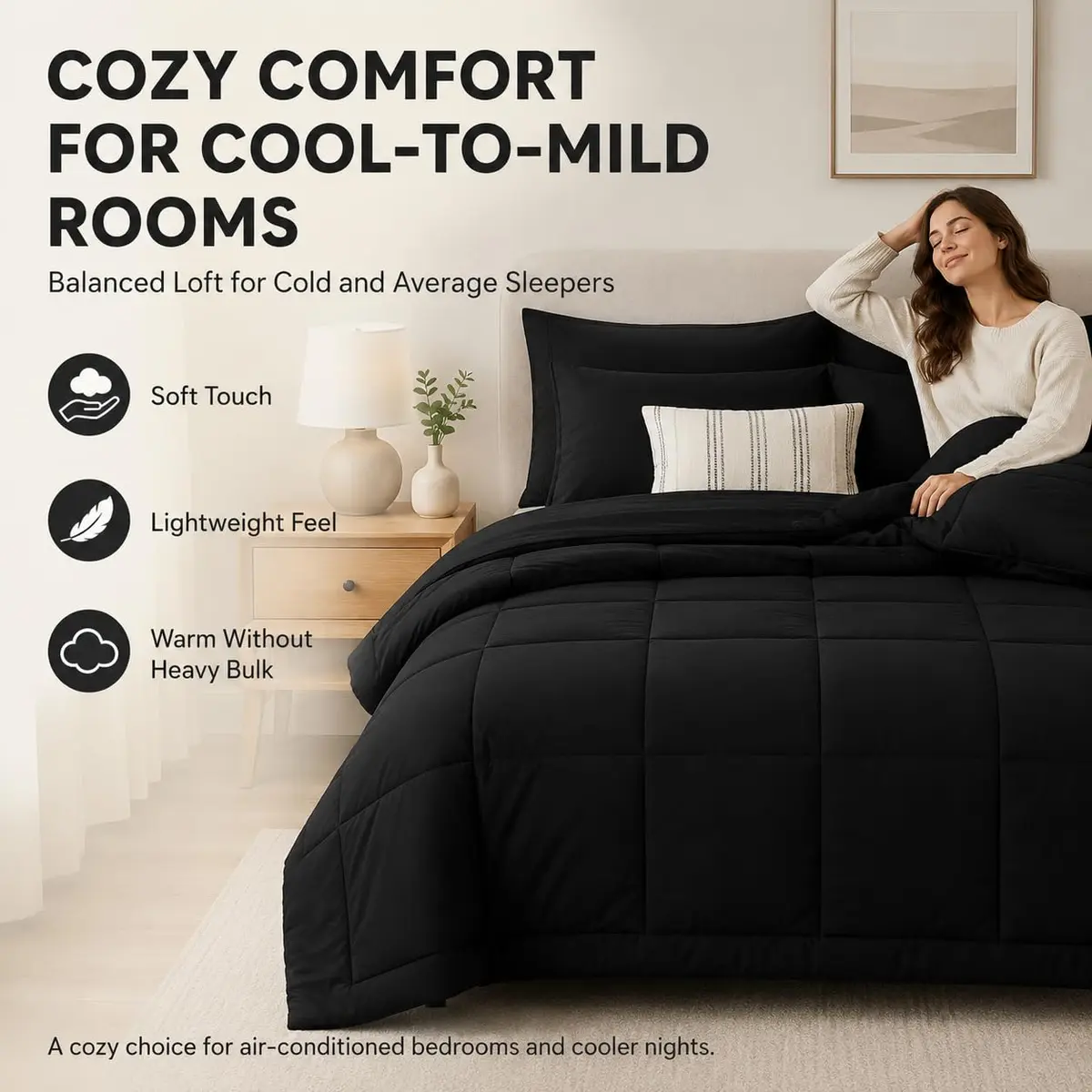 CozyLux Queen Comforter Set Black | All-Season Microfiber Bedding in a Bag - view 4