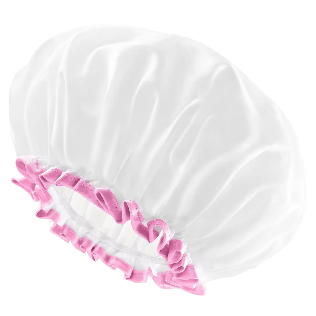mikimini White Shower Cap with Pink Lace Trim - Medium | Waterproof, Reusable, Double Layered PEVA Lining - main product image