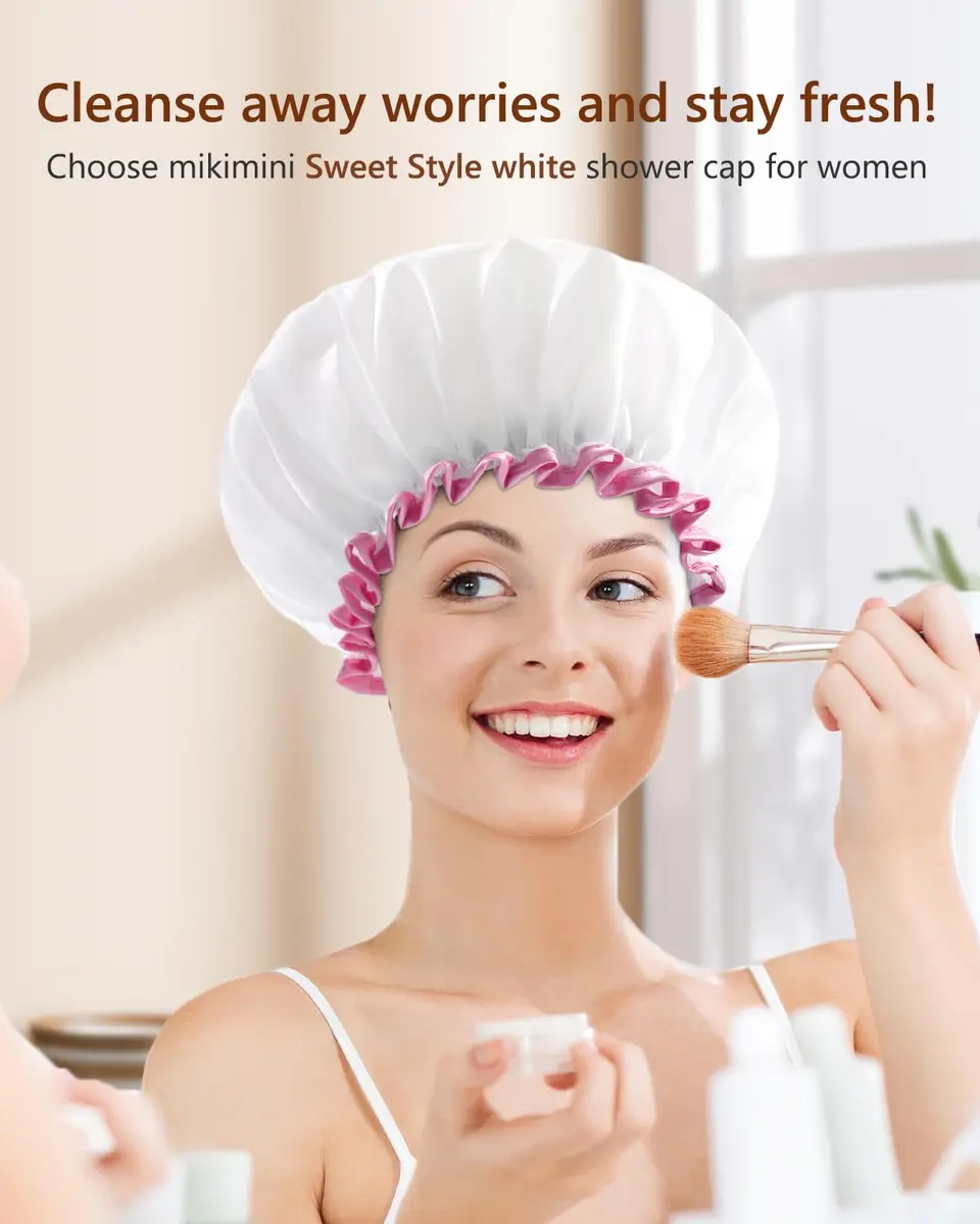mikimini White Shower Cap with Pink Lace Trim - Medium | Waterproof, Reusable, Double Layered PEVA Lining - view 5