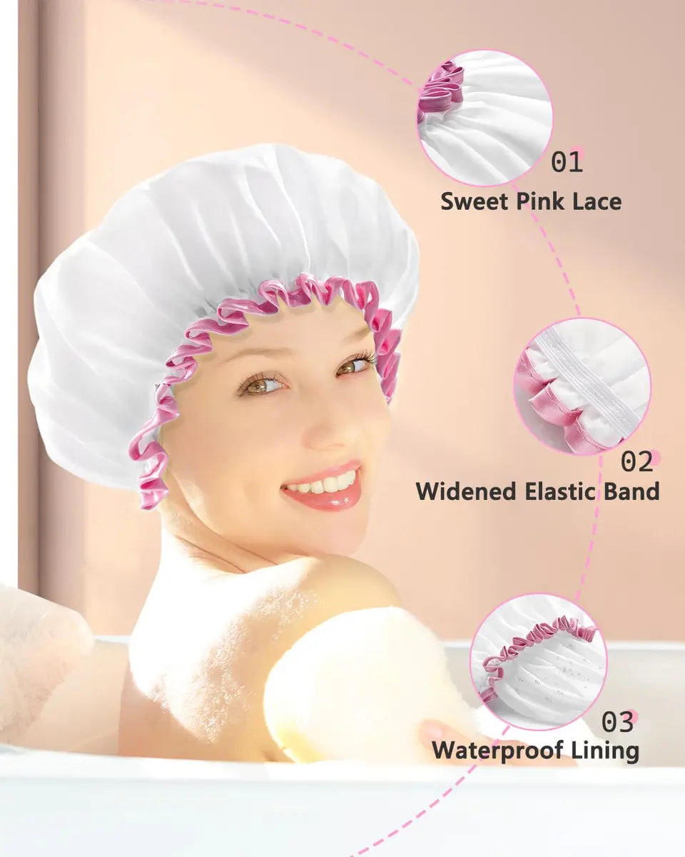 mikimini White Shower Cap with Pink Lace Trim - Medium | Waterproof, Reusable, Double Layered PEVA Lining - view 8