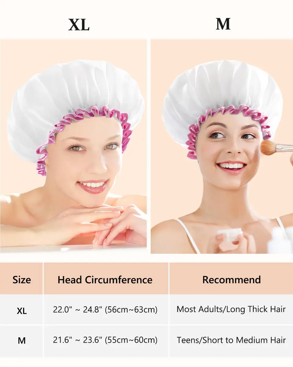mikimini White Shower Cap with Pink Lace Trim - Medium | Waterproof, Reusable, Double Layered PEVA Lining - view 2