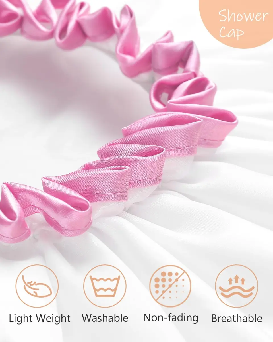 mikimini White Shower Cap with Pink Lace Trim - Medium | Waterproof, Reusable, Double Layered PEVA Lining - view 3