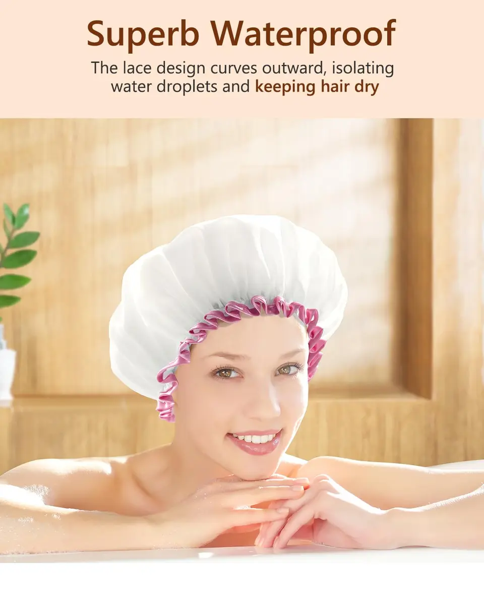 mikimini White Shower Cap with Pink Lace Trim - Medium | Waterproof, Reusable, Double Layered PEVA Lining - view 4