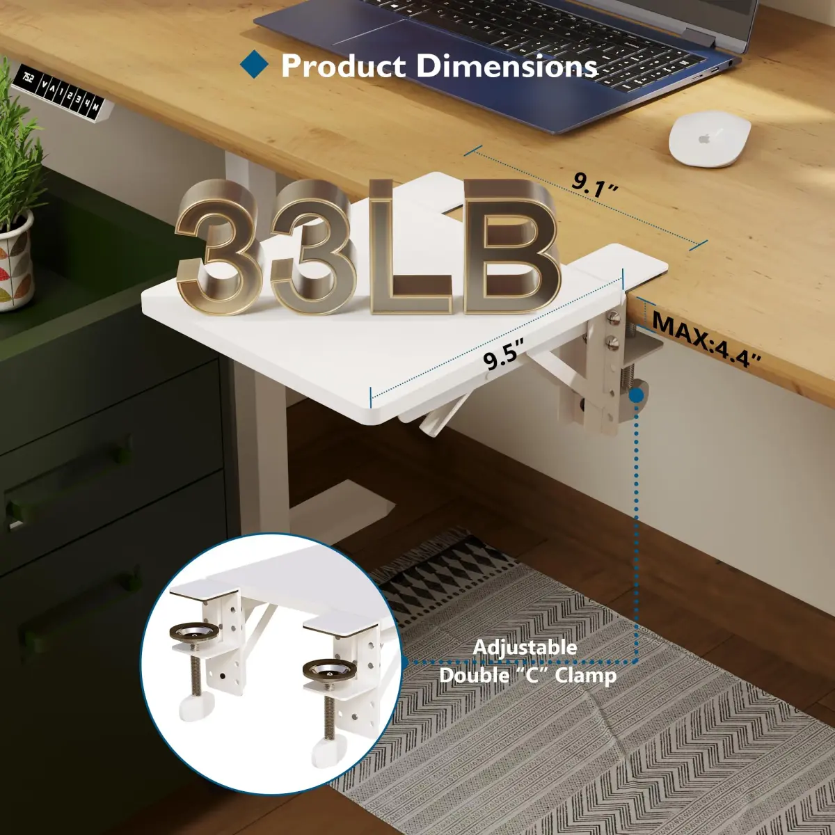 BONTEC Ergonomic Desk Extender Tray 9.5"x9.1" (24cm x 23cm) | Clamp-On Elbow Support for Office & Home Use - view 2