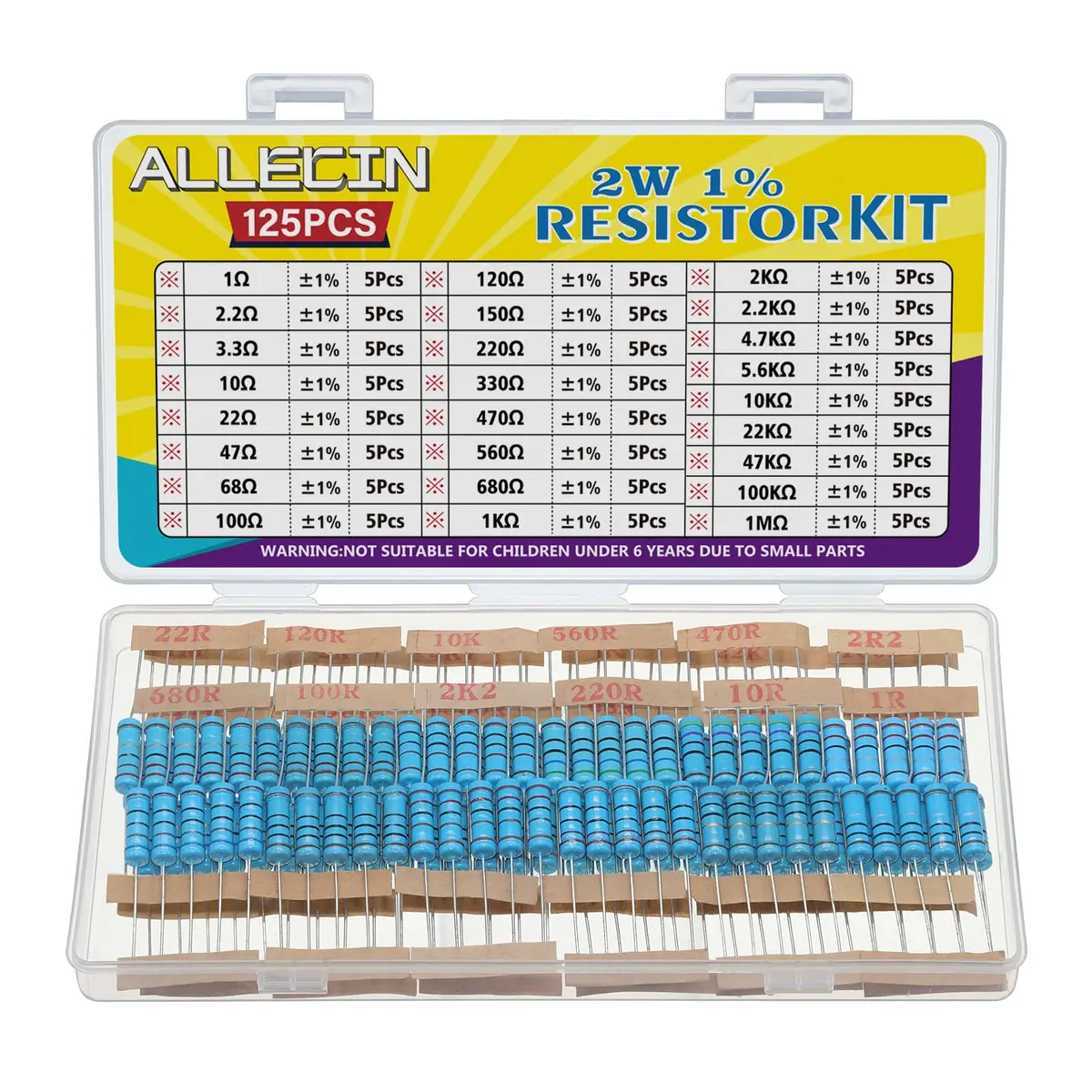 ALLECIN 25 Values 2W Metal Film Resistor Kit from 1Ω to 1MΩ | Assortment for Electronics (110-120 chars) - main product image
