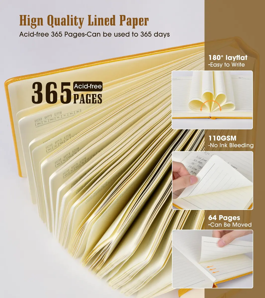 Ansopu Leather Journal Notebook 365 Pages A4 Yellow | Thick 100Gsm Ruled Hardcover for Daily Writing - view 3