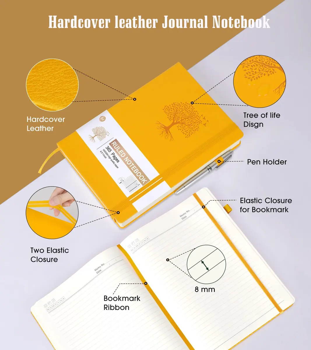 Ansopu Leather Journal Notebook 365 Pages A4 Yellow | Thick 100Gsm Ruled Hardcover for Daily Writing - view 4
