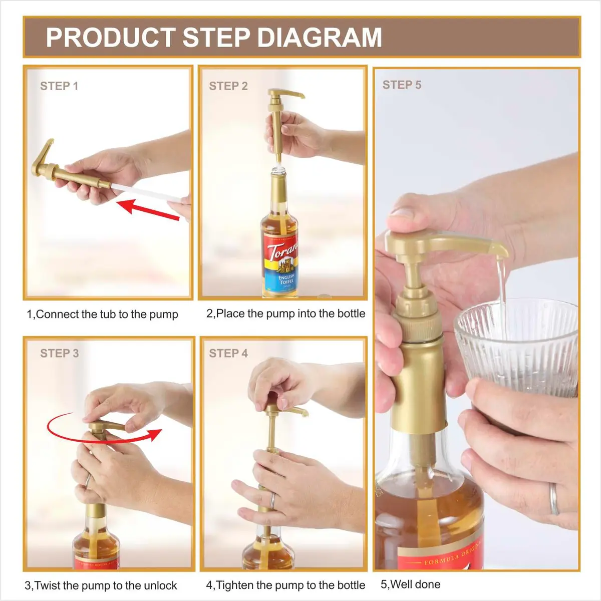 Kinfira 6 Pcs Coffee Syrup Pump Dispenser - Premium Skinny Syrup Pumps Fit for 25.4oz Torani Davinci Bottles (Gold) | Precise Portion & Mess-Free - view 3