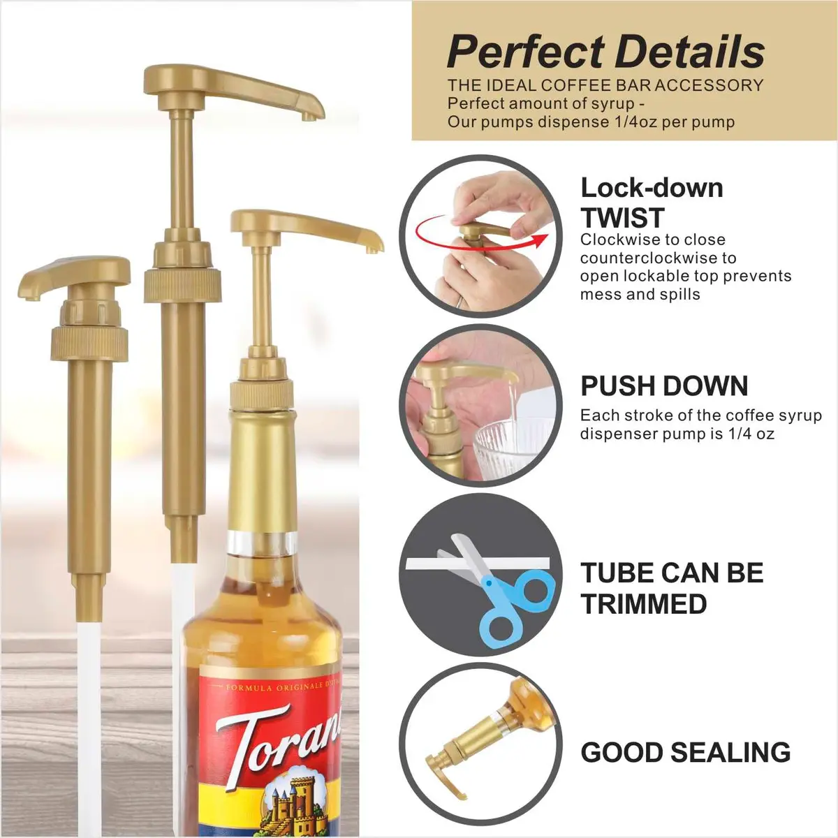 Kinfira 6 Pcs Coffee Syrup Pump Dispenser - Premium Skinny Syrup Pumps Fit for 25.4oz Torani Davinci Bottles (Gold) | Precise Portion & Mess-Free - view 4
