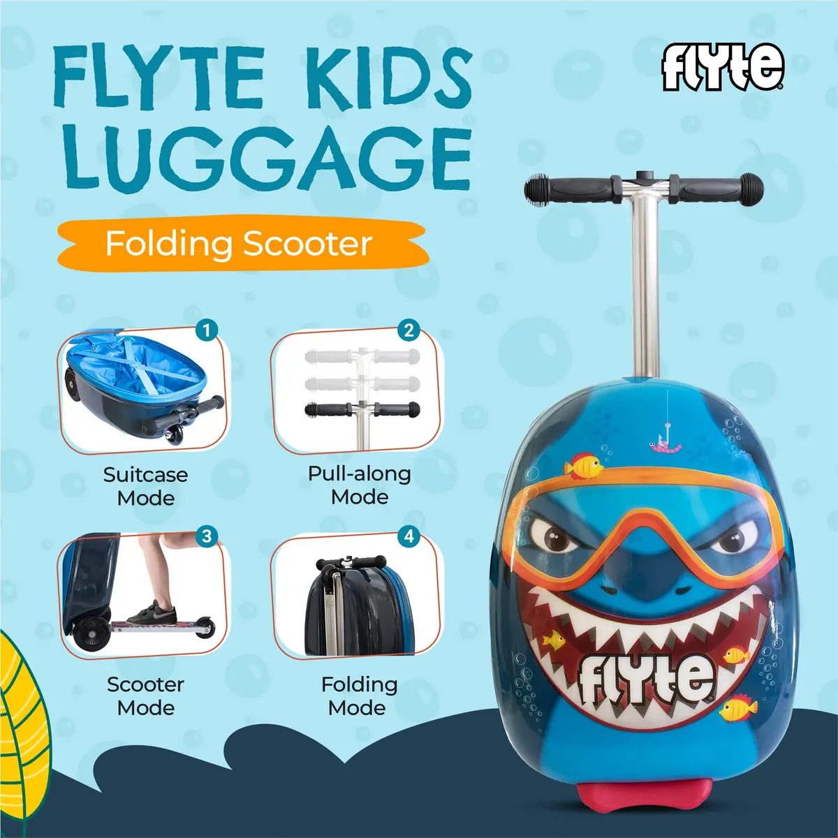 Flyte Kids Scooter Suitcase Stormy the Shark 18" | 25 Litre Capacity Ride On - view 2