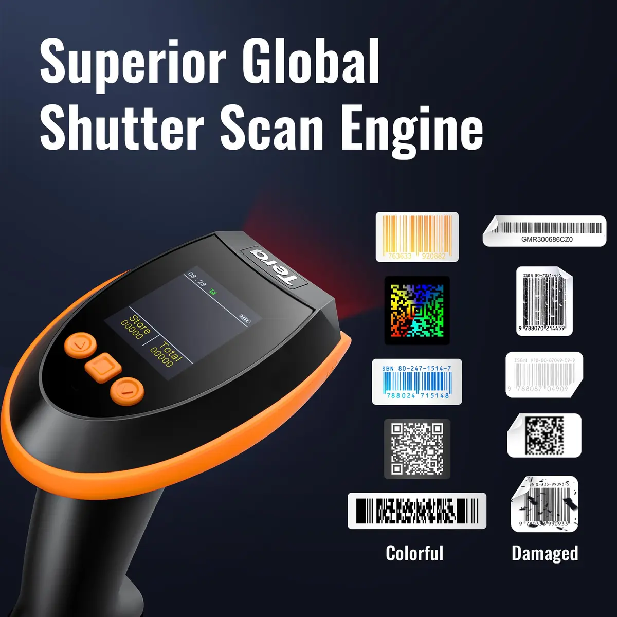 Tera HW0009 Wireless Barcode Scanner with Screen & Cradle | 1D 2D QR Code Reader | 2.4G, Bluetooth, USB | Orange - view 4