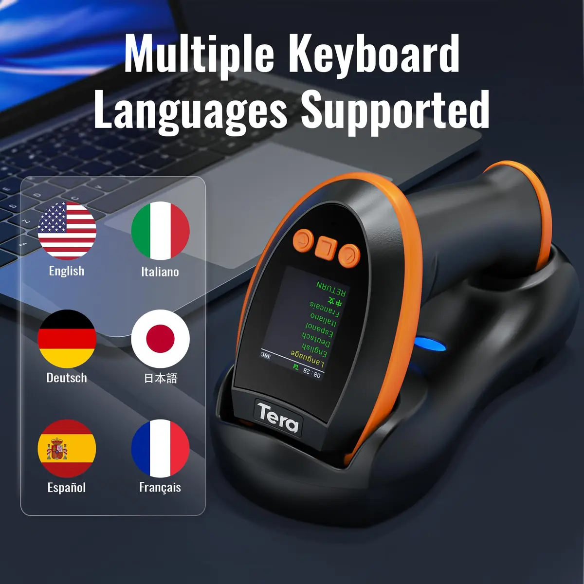 Tera HW0009 Wireless Barcode Scanner with Screen & Cradle | 1D 2D QR Code Reader | 2.4G, Bluetooth, USB | Orange - view 6