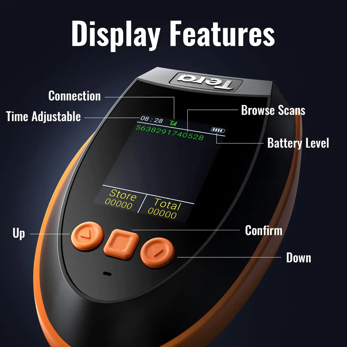 Tera HW0009 Wireless Barcode Scanner with Screen & Cradle | 1D 2D QR Code Reader | 2.4G, Bluetooth, USB | Orange - view 2