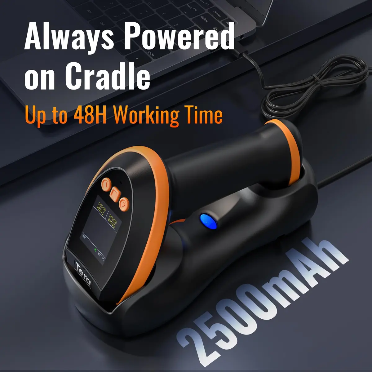 Tera HW0009 Wireless Barcode Scanner with Screen & Cradle | 1D 2D QR Code Reader | 2.4G, Bluetooth, USB | Orange - view 3