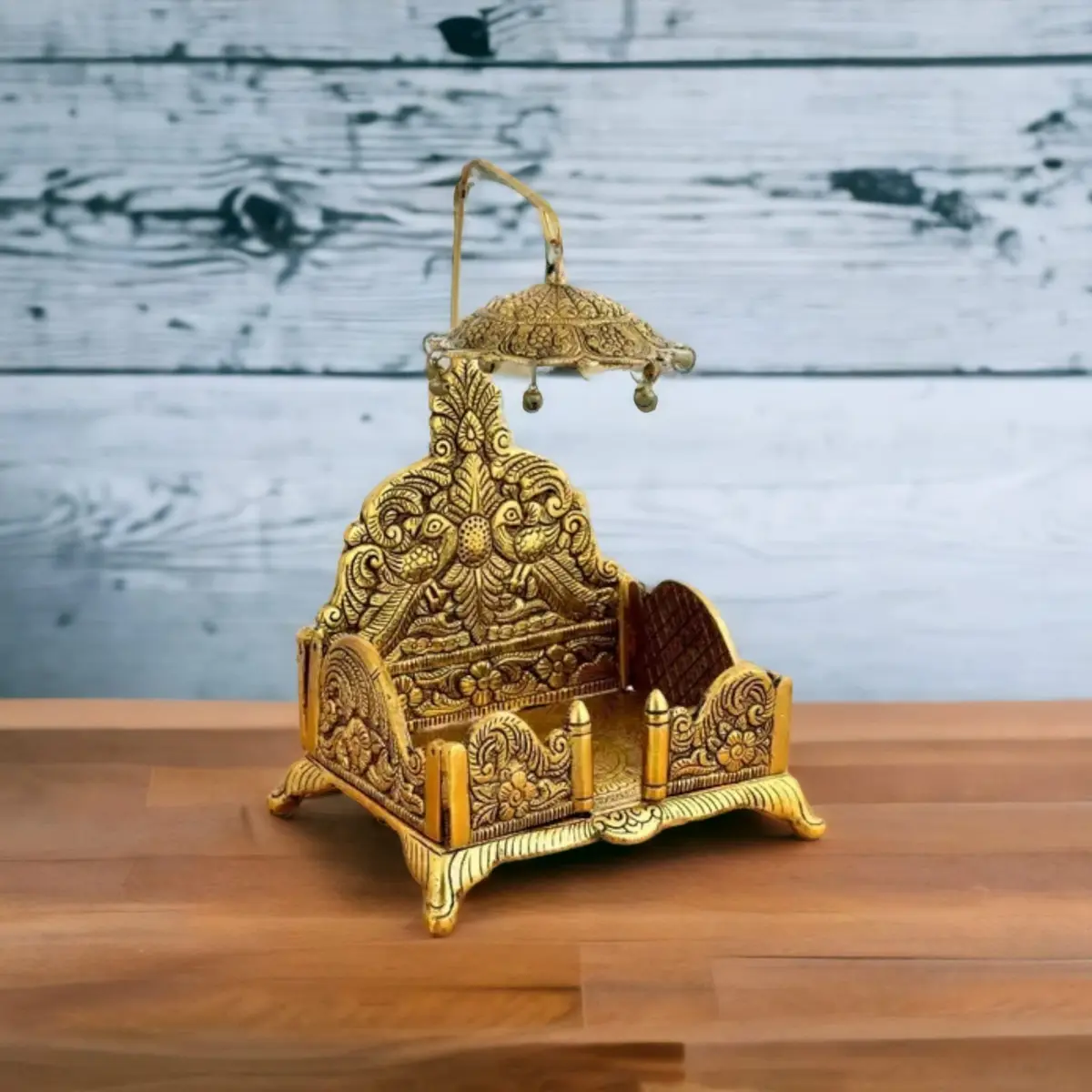 BHAKTI SHRINGAR Metal Singhasan Antique Gold Plated Ladoo Gopal Pooja Chowki 22 cm | Religious Home Decor Statue - main product image