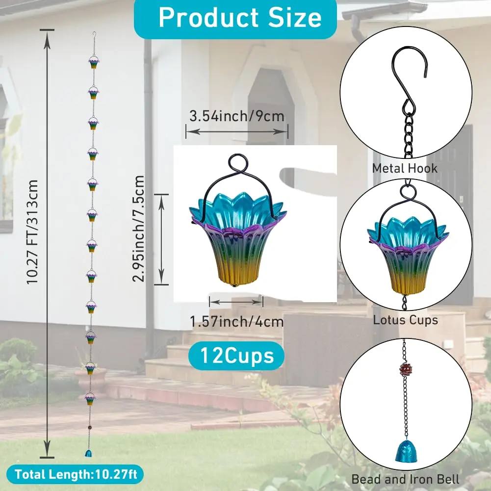 Qipade 10FT Rain Chains for Outside, Rain Gutter Chain with 12 Lily Cups | Durable Copper-Coated Metal - view 2