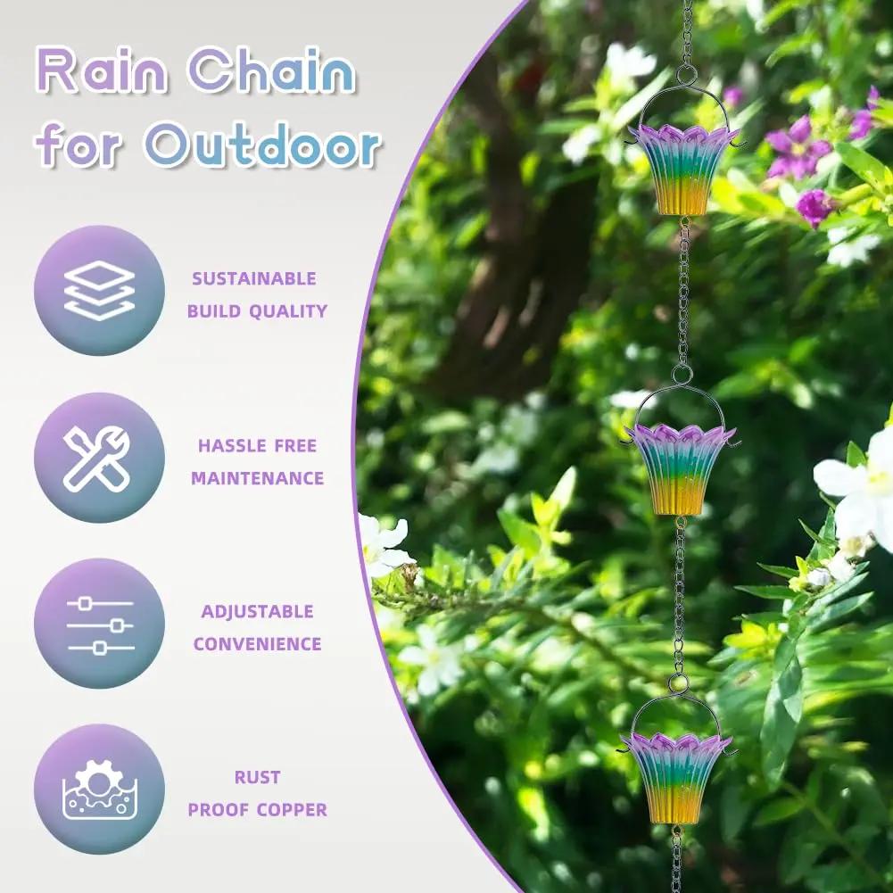 Qipade 10FT Rain Chains for Outside, Rain Gutter Chain with 12 Lily Cups | Durable Copper-Coated Metal - view 3