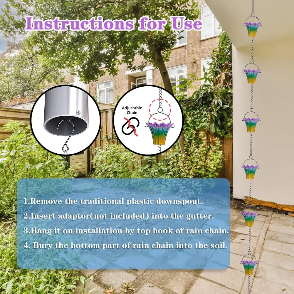 Qipade 10FT Rain Chains for Outside, Rain Gutter Chain with 12 Lily Cups | Durable Copper-Coated Metal - view 4