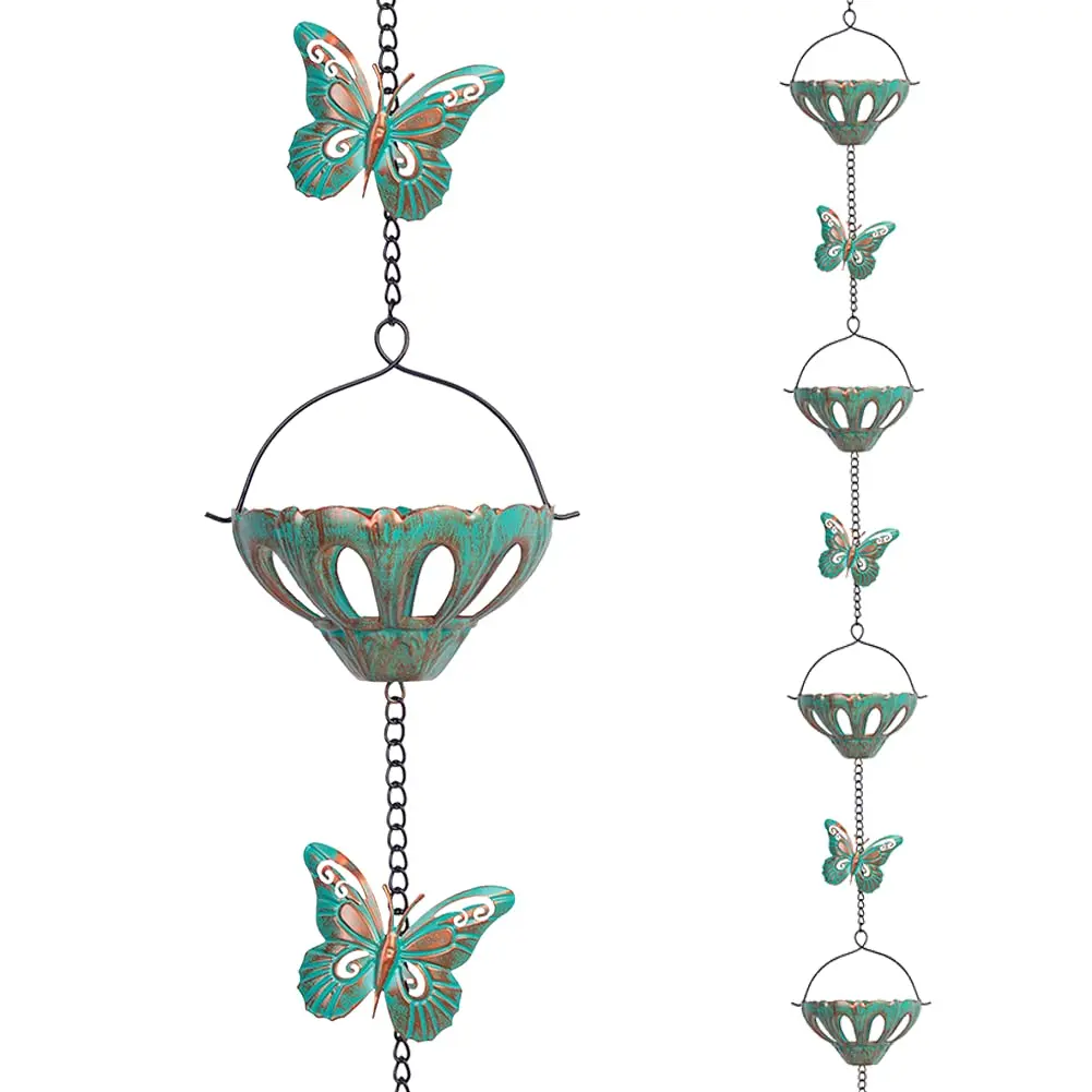 Qipade 12FT Rain Chains for Outside, Butterfly Rain Chain with 12 Cups | Durable Copper-Coated Metal - main product image